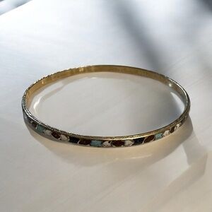 Vintage Enamel Gold Tone Bangle Bracelet - Turquoise White